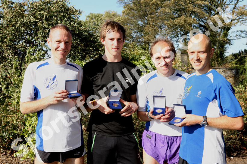 Leeds City winners of the Senior Men, from left to right: Chris Birchall, Gordon Benson, Martin Roscoe and Chris Birchall, Northern Cross Country Relay, Graves Park, Sheffield